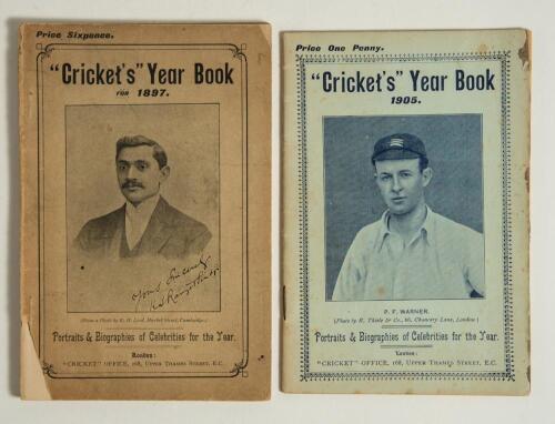 &lsquo;&rdquo;Cricket&rsquo;s&rdquo; Year Book&rsquo;. Cricket Office. London. Two editions for 1897 & 1905. Original pictorial covers, the rare 1897 1st edition with image of Ranjitsinhji to front, the 1905 with Plum Warner. Padwick 1058. The 1895 with small loss to wrapper corners a