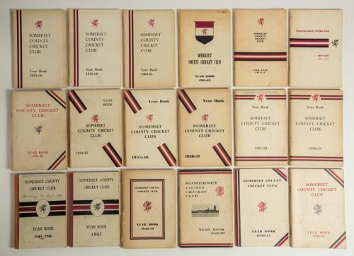 Somerset County Cricket Club annuals 1940-2017. Box comprising a good run of Year Books / Handbooks/ Almanacks for the period. Original decorative boards and wrappers. Issues are for seasons 1940-1946 (combined war-time edition), 1947, 1948/49 to 1965/66,