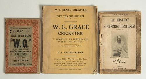 W.G. Grace. Three early titles in original paper wrappers. &lsquo;Scores and Mode of Dismissal of &ldquo;W.G.&rdquo; in First-Class Cricket. With summary of results 1865-1895&rsquo;. Compiled by Rev H.A. Tate. First edition, London 1896. Some soiling to wrappers. &lsquo;The History of