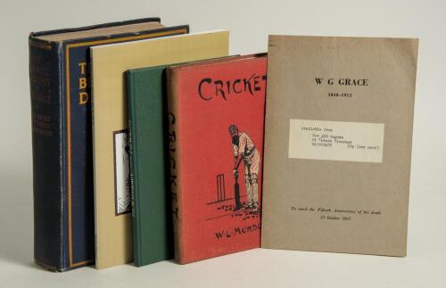 W.G. Grace. Five titles by or about Grace, hardbacks unless stated. &lsquo;The Memorial Biography of Dr W. G. Grace&rsquo;, Lord Hawke, Lord Harris and Sir Home Gordon, London 1919. Original decorative cloth boards. Signature of [Lord] Hawke in ink on piece laid down