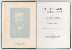 &lsquo;Cricket and Cricketers&rsquo;. F.S. Ashley-Cooper. The Office of The American Cricketer, Philadelphia 1907. Rebound in early quarter green leather and cloth, marbled endpapers, raised bands and gilt title to spine. Lacking original wrappers. 102pp. Covers the 