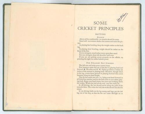 &lsquo;Some Cricket Principles&rsquo;. H.S. Altham. Privately printed c.1920. 4pp bound in green cloth, gilt title to spine. Comprises notes and tips on batting, bowling and fielding. Signed in ink to the first page by Altham. This is thought to be the copy owned by 