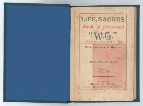 &lsquo;Life, Scores and Mode of Dismissal of &ldquo;W.G.&rdquo; in first-class cricket, 1865 to 1896. With summary of results&rsquo;. Compiled by Rev. H.A. Tate. Cricket Press, London, second edition 1896. 148pp. Bound in modern blue cloth, gilt title to spine, original pictoria