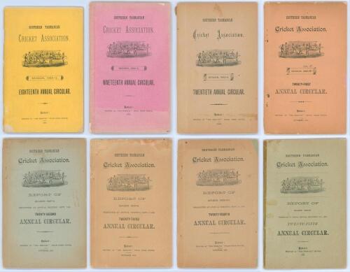 Southern Tasmanian Cricket Association. Eighteenth Annual Circular for Season 1884-85 to twenty-fifth Annual Circular for Season 1890-91&rsquo; Hobart Town. Printed at the &lsquo;Mercury&rsquo; Steam Press Office. Eight Annual Circulars for the period given. All with origi