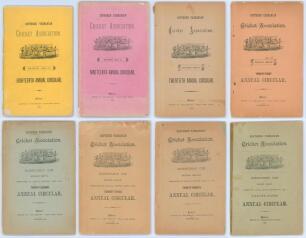 Southern Tasmanian Cricket Association. Eighteenth Annual Circular for Season 1884-85 to twenty-fifth Annual Circular for Season 1890-91&rsquo; Hobart Town. Printed at the &lsquo;Mercury&rsquo; Steam Press Office. Eight Annual Circulars for the period given. All with origi