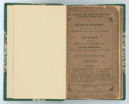 &lsquo;The Cricketer&rsquo;s Companion; containing the scores of the principal matches of cricket, played at Lord&rsquo;s and other grounds in the Season 1844&rsquo;. William Denison. Published by Sherwood and Co of London 1845 &lsquo;and sold by W. Clement Jun., R. Dark, Eton: Mary C
