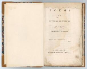 &lsquo;Poems on Several Occasions&rsquo;, James Love, Comedian (James Dance). Printed by R. Fleming. Third edition, Edinburgh 1754. xvi, 115pp. Pages 1-22 comprise a poem titled &lsquo;Cricket, An Heroic Poem&rsquo;, considered to be one of the earliest description of a cricket 