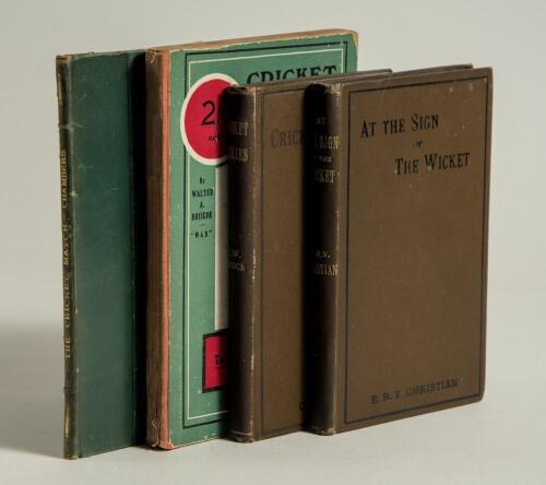 Cricket poetry and prose. Four hardbacks including two Arrowsmith of Bristol titles in brown cloth, &lsquo;At the Sign of The Wicket&rsquo;, Edmund B.V. Christian, Bristol 1894, and &lsquo;Cricket Stories: Wise and Otherwise&rsquo;, C.W. Alcock, Bristol 1901. Sold with &lsquo;The Cric