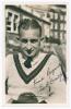 John Herbert &lsquo;Jack&rsquo; Crawford. Mono real photograph postcard of Crawford, head and shoulders wearing tennis sweater and tie. Very nicely signed in ink to the photograph &lsquo;Kind regards, Jack Crawford 1936[?]&rsquo;. Printed title &lsquo;Jack H. Crawford. Australia&rsquo;. Pub - 3