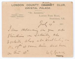 William Gilbert Grace. Gloucestershire & England, 1870-1899. London County Cricket Club post card, the printed &lsquo;Cricket&rsquo; being crossed through and replaced with &lsquo;Bowls&rsquo;, handwritten and sent by Grace to a &lsquo;W.G. Gale&rsquo; regarding presumably Bowls &lsquo;I am depen