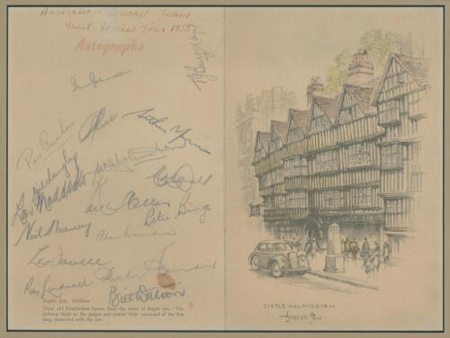 Australian tour of the West Indies 1955. Official R.M.S. Rangitane four page folding menu card with drawing of the Staple Inn, Holborn by Joseph lee to front cover, dated the 12th July 1955. Details and menu to inside pages and the back cover &lsquo;Autographs&rsquo;