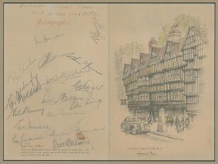 Australian tour of the West Indies 1955. Official R.M.S. Rangitane four page folding menu card with drawing of the Staple Inn, Holborn by Joseph lee to front cover, dated the 12th July 1955. Details and menu to inside pages and the back cover &lsquo;Autographs&rsquo;