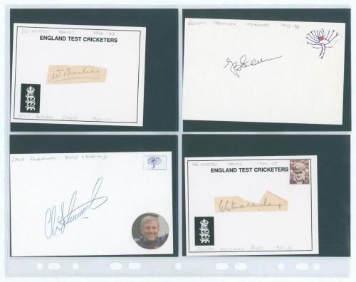 Yorkshire players signatures. Black file containing 110 white cards, each card either signed by a Yorkshire player or with a Yorkshire players signature signed to a paper piece and then laid down to the white card. Signatures include E. Robinson, Barber, 