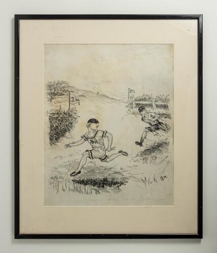 &lsquo;The Test&rsquo; England v Australia 1909. Excellent large original pen and ink artwork by artist &lsquo;A.S.M.&rsquo;, showing the two opposing Captain&rsquo;s Archie Maclaren of England and Monty Noble of Australia depicted running in a cross country race, both wearing athleti