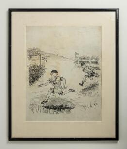 &lsquo;The Test&rsquo; England v Australia 1909. Excellent large original pen and ink artwork by artist &lsquo;A.S.M.&rsquo;, showing the two opposing Captain&rsquo;s Archie Maclaren of England and Monty Noble of Australia depicted running in a cross country race, both wearing athleti