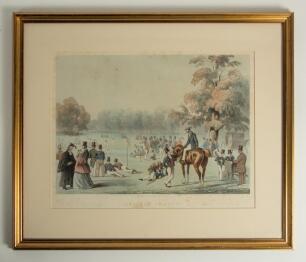 &lsquo;Cricket Match&rsquo;. An early print from an original sketch on a pale blue wash background depicting a cricket match in progress, assumed to be a school match on an Oxford green, possibly Bullingdon Green, surrounded by trees, with spectators wearing top hats