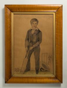 &lsquo;Boy Cricketer&rsquo;. An early and well executed drawing of a boy cricketer in waist coat holding a bat with wicket to rear, his hat has fallen in front of the stumps. Inscribed to the bottom corner of the image &lsquo;Done by Miss Catherine Frances at Hampstead 184