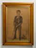 &lsquo;Boy Cricketer&rsquo;. An early and well executed drawing of a boy cricketer in waist coat holding a bat with wicket to rear, his hat has fallen in front of the stumps. Inscribed to the bottom corner of the image &lsquo;Done by Miss Catherine Frances at Hampstead 184