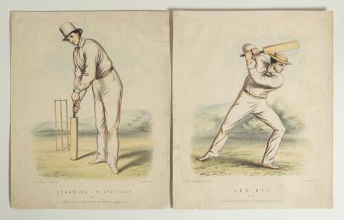 John C. Anderson. Two colour lithographs from the series of eight &lsquo;Cricket Postures&rsquo; produced by Anderson in 1860. One is entitled &lsquo;Standing in Attitude&rsquo; No. 1 and the other &lsquo;Leg Hit&rsquo;. No. 4. Both published in London May 1st 1860 by F. Lillywhite, Kenning