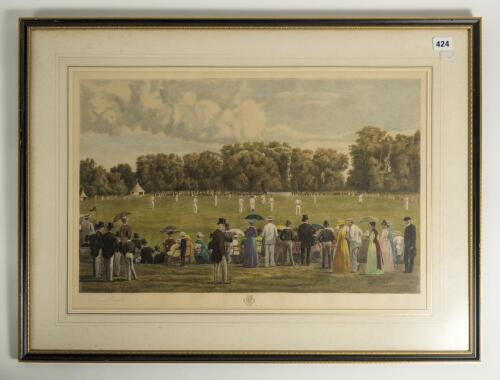 &lsquo;Eton v Winchester&rsquo;. Large hand colour etching, by F.G. Stevenson after H. Jamyn Brook, showing a cricket match in progress with spectators to fore and background. Published by Dickinson & Foster, London, 2nd December 1889. Signed by the two artists to lo