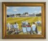 &lsquo;The County Ground. Hove&rsquo;. Martin Speight. Excellent original oil painting on canvas of a game in progress at Hove with the pavilion, stands and church to background, to the foreground spectators sit in blue and white striped deck chairs enjoying the cric