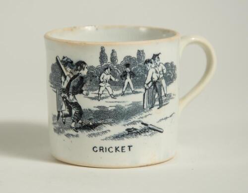 &lsquo;Cricket&rsquo; and &lsquo;The Tulip&rsquo;. Victorian Staffordshire cricket mug with strap handle, transfer printed in black with images of an early cricket scene with boys playing cricket with title &lsquo;cricket&rsquo; below and to the other side a scene of a girl picking tulips w