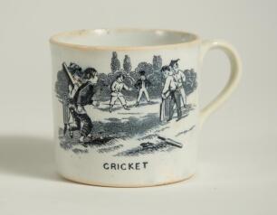 &lsquo;Cricket&rsquo; and &lsquo;The Tulip&rsquo;. Victorian Staffordshire cricket mug with strap handle, transfer printed in black with images of an early cricket scene with boys playing cricket with title &lsquo;cricket&rsquo; below and to the other side a scene of a girl picking tulips w