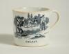 &lsquo;Cricket&rsquo; and &lsquo;The Tulip&rsquo;. Victorian Staffordshire cricket mug with strap handle, transfer printed in black with images of an early cricket scene with boys playing cricket with title &lsquo;cricket&rsquo; below and to the other side a scene of a girl picking tulips w
