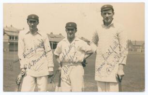 Northamptonshire C.C.C.. J.V. Murdin 1913-1927, F.I. Walden 1910-1929 and A.E. Thomas 1919-1933. Mono postcard of the three players in cricket attire wearing Northamptonshire caps, each holding a cricket bat. Nicely signed by all three players in ink. Goo
