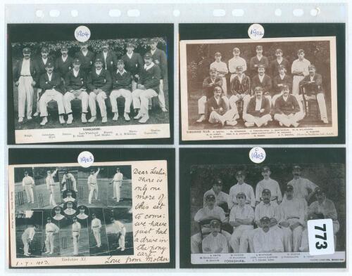 Yorkshire C.C.C. 1902 to 1905. Selection of eight mono printed postcards of county teams covering the period. The teams are 1902, 1903 (two, different), 1904 (three, all different) and two for 1905, both different. Publishers include Scott (Bradford), Par