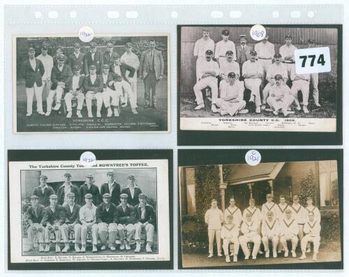 Yorkshire C.C.C. 1908 to 1922. Selection of four mono printed and real photograph postcards of county teams covering the period. The teams are 1908, 1921 and two for 1922 (both different). Publishers include a promotional card for Rowntree&rsquo;s Toffee (1922