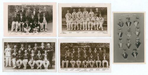Yorkshire C.C.C. 1923 to 1934. Selection of five mono real photograph postcards of county teams covering the period. The teams are 1923, 1925 (two, both different), 1929 and 1934. Publishers include Charles of Leeds and Fielding of Leeds (4). Odd minor f
