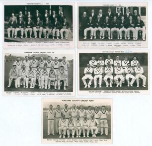 Yorkshire C.C.C. 1949 to 1955. Selection of five mono real photograph postcards of county teams covering the period. The teams are 1949, 1950, 1953, 1954 and 1955. Publishers include Chas Price of Leeds (2) etc. Odd minor faults otherwise in good conditio