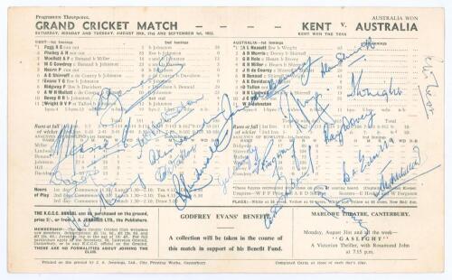 Kent v Australians 1953. Official scorecard for the tour match played at Canterbury on the 29th, 30th August, 1st September 1953, Signed to scorecard in ink by ten of the Australians and by nine of the Kent team who played in the game plus commentator Pet