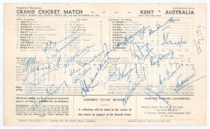 Kent v Australians 1953. Official scorecard for the tour match played at Canterbury on the 29th, 30th August, 1st September 1953, Signed to scorecard in ink by ten of the Australians and by nine of the Kent team who played in the game plus commentator Pet