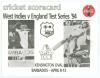 West Indies v England 4th Test 1994. Official scorecard for the Test match played at The Kensington Oval, Barbados on the 8th-13th April 1994. The centre pages scorecard fully completed in blue ink and signed to the borders by both the West Indies, thirte - 2