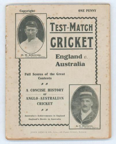 &lsquo;Test-match Cricket: England v Australia. Full Scores of the Great Contests, a Concise History of Anglo-Australian Cricket. John Leng 1910. 96pp. Light foxing and minor wear to wrappers, good condition