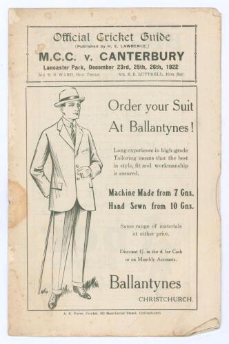 A.C. MacLaren&rsquo;s M.C.C. tour to Australia and New Zealand 1922/23. Official Cricket Guide for the match played at Lancaster Park on the 23rd-26th December 1022. Published by H.E. Lawrence. The wrappers a little worn, creased and stained otherwise in good c