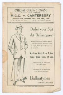 A.C. MacLaren&rsquo;s M.C.C. tour to Australia and New Zealand 1922/23. Official Cricket Guide for the match played at Lancaster Park on the 23rd-26th December 1022. Published by H.E. Lawrence. The wrappers a little worn, creased and stained otherwise in good c