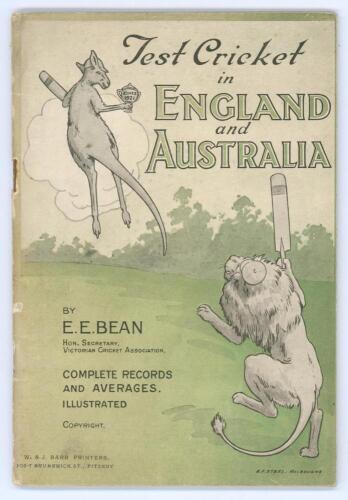 &lsquo;Test Cricket in England and Australia 1877-1921, Records, Statistics and Averages with notes on Victorian cricket&rsquo;. E.E. Bean. Melbourne 1924. Illustrated. Original pictorial covers. Minor wear and some soiling to rear wrapper otherwise in good/very good