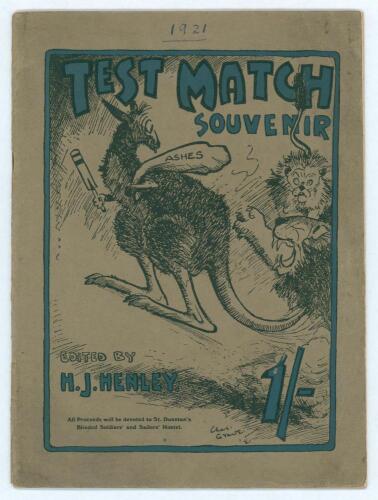 Test Match Souvenir&rsquo; Edited by H.J. Henley 1921. Original wrappers. Minor wear to wrappers, &lsquo;1921&rsquo; handwritten to top border of the front wrapper otherwise in good condition. Pre 1921 pre tour publication