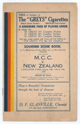 M.C.C. tour of New Zealand 1929/30. &lsquo;M.C.C. v New Zealand. First Test&rsquo;. Official programme for the match played at Christchurch, 10th-13th January 1930 comprising pen pictures, records, profiles, scorecards etc. Original wrappers with M.C.C. stripe down t