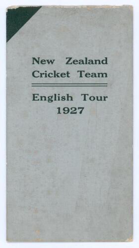 New Zealand tour of England 1927. Official fold grey fixture card with title to front, fixtures and venues to inside pages and listing of the touring party to the back of the card. Scarce