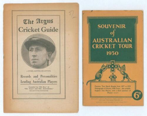 Australian tour of England 1930. &lsquo;The Argus Cricket Guide&rsquo; by Old Boy (R.W.E.Wilmot). Melbourne, 1930. Some faults. Sold with Official &lsquo;Souvenir of the Australian Cricket Tour&rsquo; of England. Published by Barton Pictorial of London. Pictorial covers. Plus th
