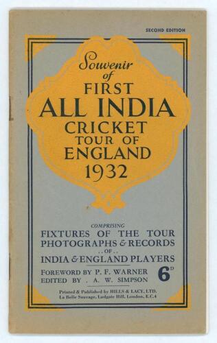 All India tour of England 1932. &lsquo;Souvenir of the First All India Cricket Tour of England 1932&rsquo;. Official brochure for the tour edited by A.W. Simpson. Printed by Hills & Lacy Ltd of London. Good/very good condition