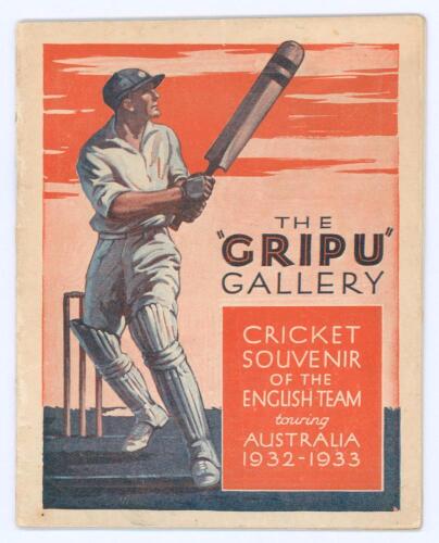 &lsquo;Bodyline&rsquo;. M.C.C. tour of Australia & New Zealand 1932/33. &lsquo;The &ldquo;Gripu&rdquo; Gallery Cricket Souvenir of the English Team touring Australia 1932-1933&rsquo;. Rare 32pp small souvenir brochure produced for the New Zealand leg of the tour, comprising a foreword addre