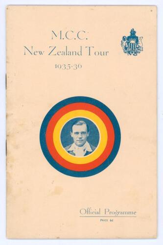M.C.C. tour of New Zealand 1935/36. Official tour programme with decorative wrappers in M.C.C. colours with picture of England Captain E.R.T. Holmes to centre and title above. The programme cover the M.C.C. v New Zealand match played at the Basin Reserve,