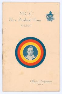 M.C.C. tour of New Zealand 1935/36. Official tour programme with decorative wrappers in M.C.C. colours with picture of England Captain E.R.T. Holmes to centre and title above. The programme cover the M.C.C. v New Zealand match played at the Basin Reserve,