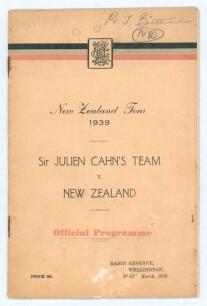 Sir Julien Cahn&rsquo;s Team v New Zealand 1939. Official programme for the tour match played at the Basin Reserve, Wellington on the 10th-13th March 1939. Original decorative wrappers. Contains pen pictures of all the tourists and the New Zealand team, statist