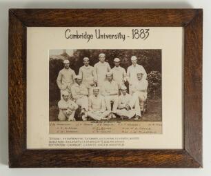 Cambridge University 1883. Early original sepia photograph of the Cambridge University team seated and standing in rows wearing cricket attire, caps and blazers. Notable players include the captain, C.T. Studd (Middlesex), Percy J de Paravicini (Middlesex